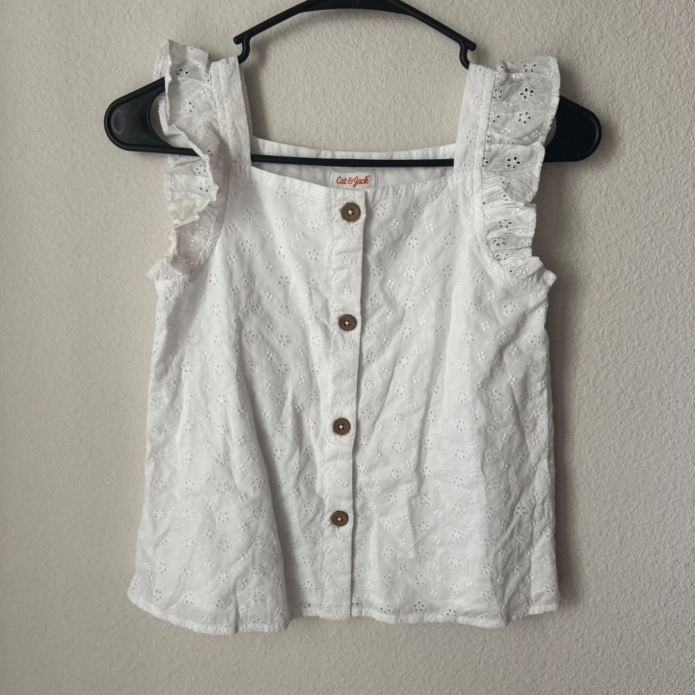 Cat‎ & Jack Girls White Eyelet Ruffle Strap Button Front Tank Top Size M 7/8
